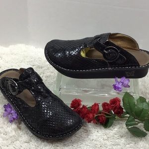 Alegria black leather slip on wedge